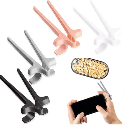 Snack Grabbers set of four pairs in black, gray, pink, and white with a small container of snacks and a phone.