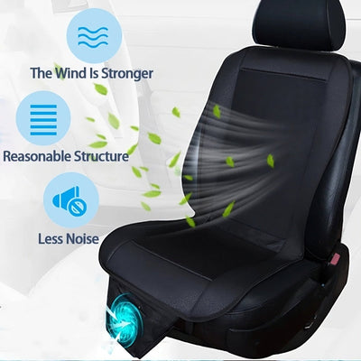 Car seat cover with air circulation features and text on a white background