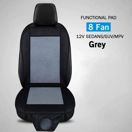 Car Seat Cooling Cover  showing a grey ventilated seat cover with 8 fans for 12V sedans, SUVs, and MPVs.