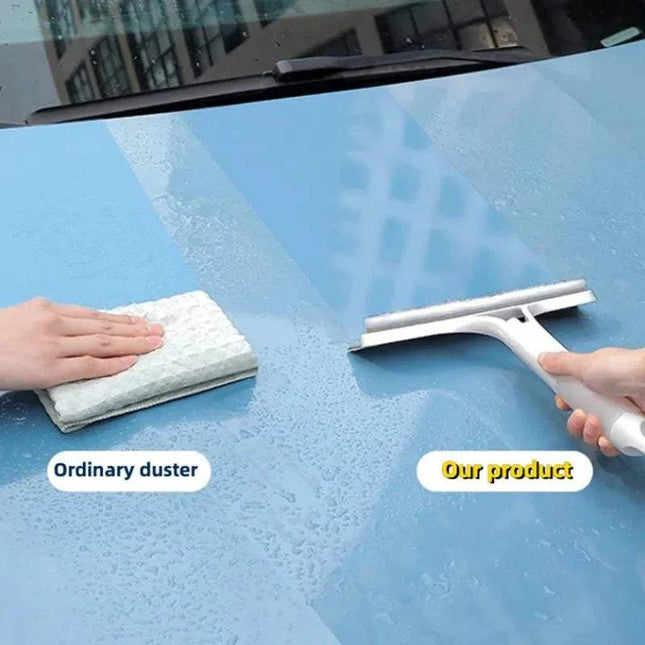 Comparison of an ordinary duster and the 3-in-1 Car Window Cleaner showing effective cleaning on a wet car surface.