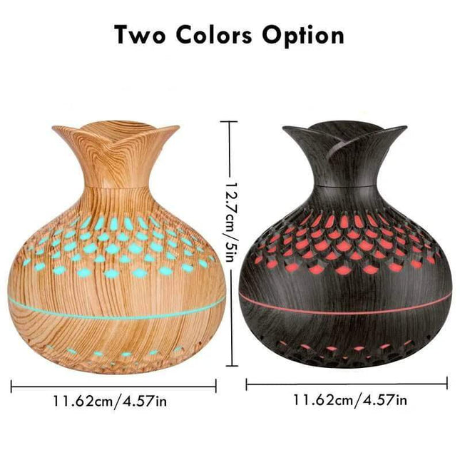 300ml Wooden Air Humidifier. Two diffusers, one wooden and one black with red accents, shown with measurements on a white background.