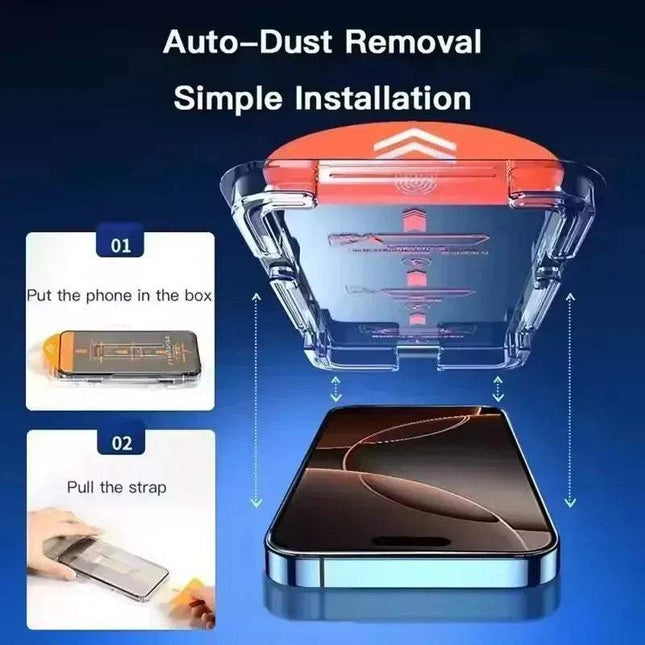 5-Pack iPhone Screen Protector installation process with auto-dust removal and easy setup steps.
