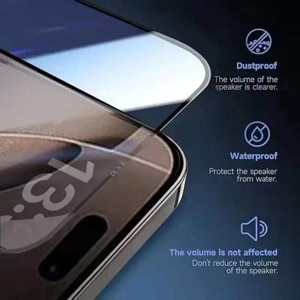 5-Pack iPhone Screen Protector demonstrating dustproof, waterproof features and clear sound quality.