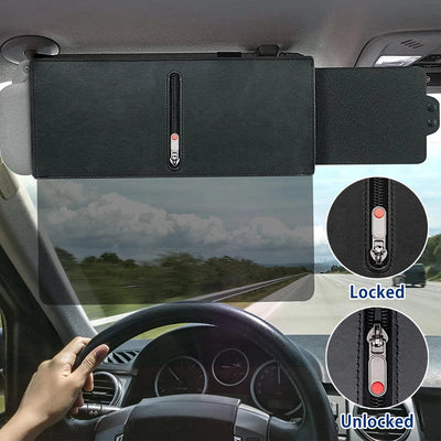 Car visor organizer with zipper feature mounted on a car's sun visor.