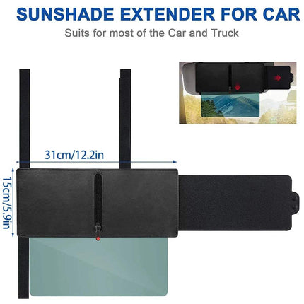 Car Sun Visor Extender showing dimensions and design, ideal for glare protection in vehicles.