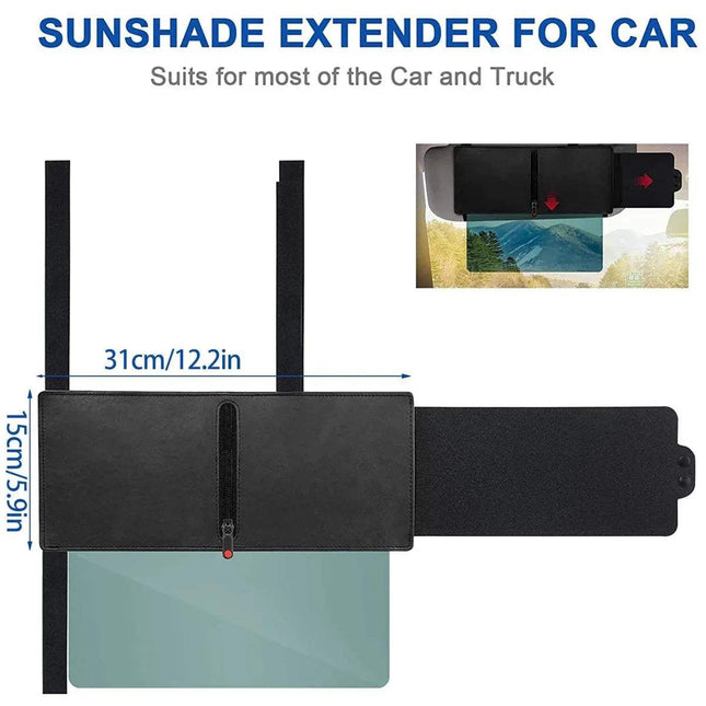 Car Sun Visor Extender showing dimensions and design, ideal for glare protection in vehicles.