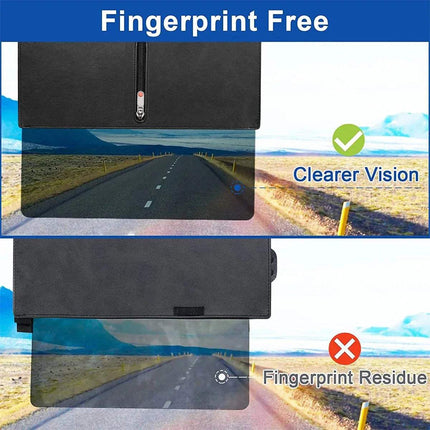 Car Sun Visor Extender showing clearer vision above and fingerprint residue below, highlighting anti-glare benefits.