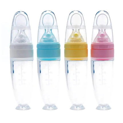 Four Baby Feeding Squeeze Spoon Safe, Easy, and Mess-Free Feeding with colorful caps on a white background