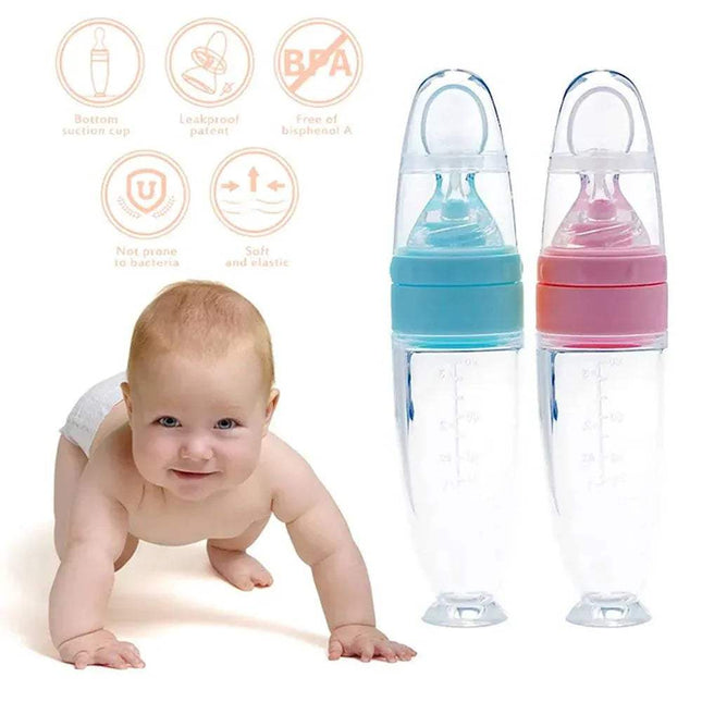 Two Baby Feeding Squeeze Spoon Safe, Easy, and Mess-Free Feeding with colorful caps next to a crawling baby on a white background.