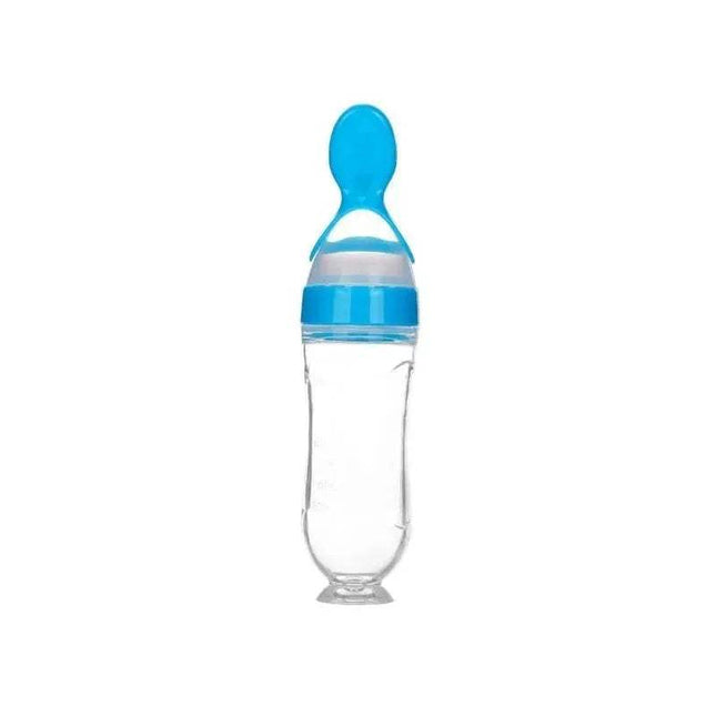Clear Baby Feeding Squeeze Spoon Safe, Easy, and Mess-Free Feeding with blue cap and handle on a white background