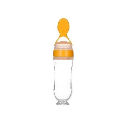 Baby Feeding Squeeze Spoon Safe, Easy, and Mess-Free Feeding with orange lid and spoon on a white background