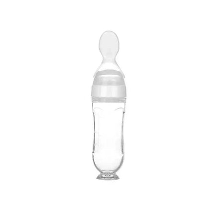 Clear Baby Feeding Squeeze Spoon Safe, Easy, and Mess-Free Feeding bottle with a white cap on a white background