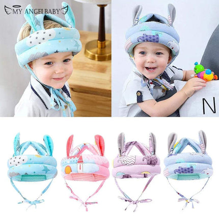 Baby Toddler Safety Anti-Collision Helmet in various colors, worn by a smiling child, promoting head protection for infants learning to walk.