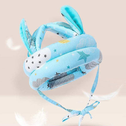 Baby Toddler Safety Anti-Collision Helmet in blue with bunny ears, designed to protect infants during crawling and walking.