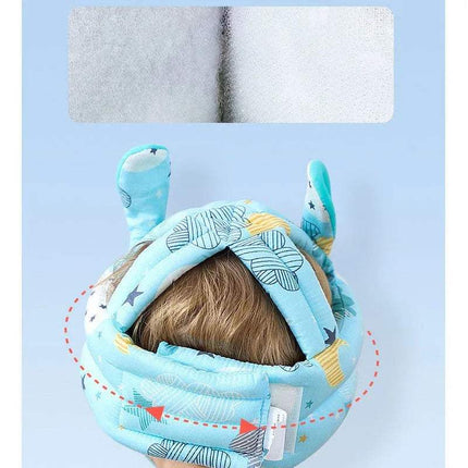 Baby Toddler Safety Anti-Collision Helmet showing soft protective design with cute bunny ears and cushioning for head safety.