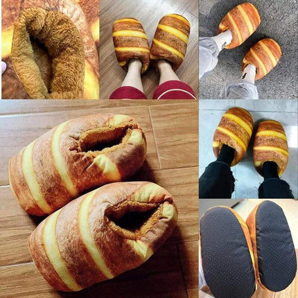 Bread Slippers. Collage of bread-shaped slippers worn by people on different surfaces.