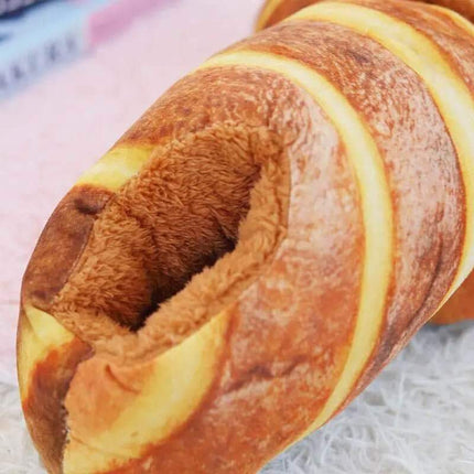 Bread Slippers. Close-up of a bread roll with a soft focus background
