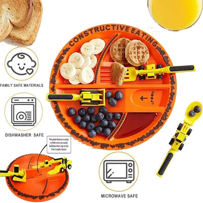 Orange plate with construction-themed utensils and food, featuring 'Constructive Eating' text.