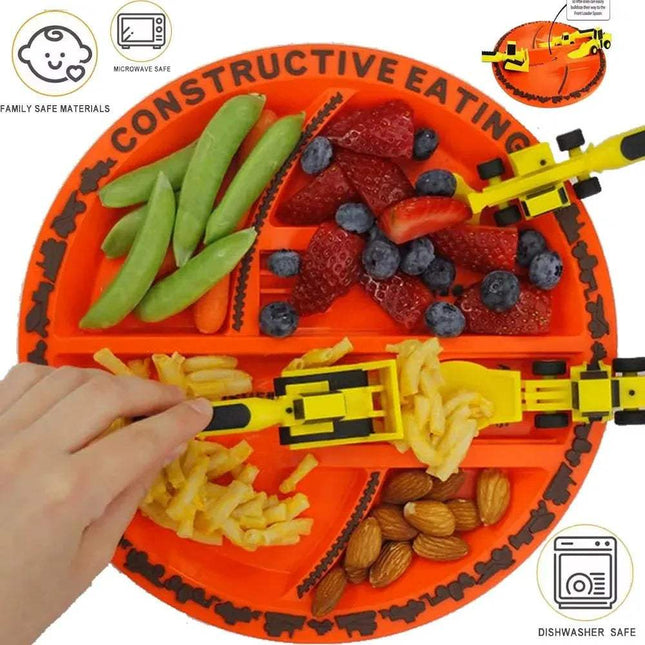 Constructive Eating Tableware Set featuring colorful plate and construction-themed utensils for kids' meals.