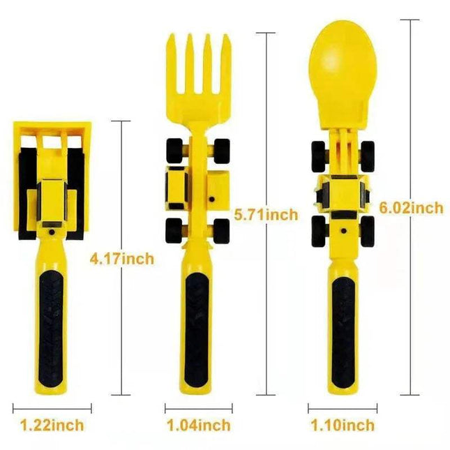 Constructive Eating Tableware Set for Kids featuring construction-themed utensils: bulldozer, fork, and spoon.