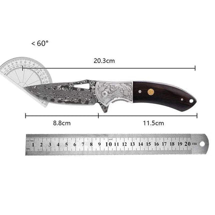 Damascus Steel Pocket Knife dimensions with measurements displayed, showing the blade and handle details.