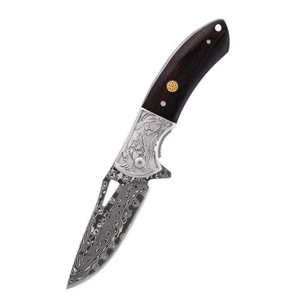 Damascus Steel Pocket Knife with intricate patterns and a wooden handle, perfect for camping and crafting.