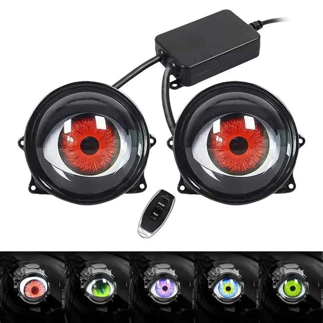 Dynamic LED Eye Headlights for cars and motorcycles with remote control and various color modes.