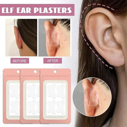 Ear Corrector Stickers shown in before and after images for achieving a balanced ear shape.