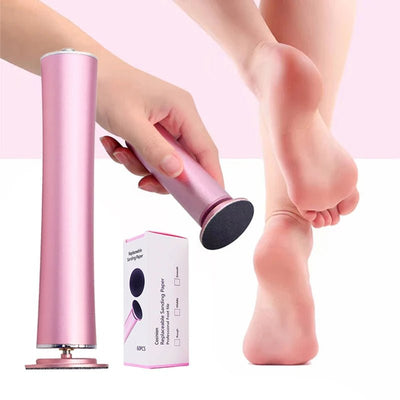 Pink foot scrubber being used on a foot with packaging in the foreground