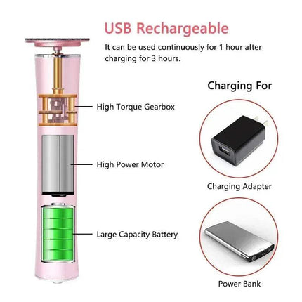 Electric Rechargeable Pedicure File showing USB rechargeable features, high power motor, and large capacity battery.