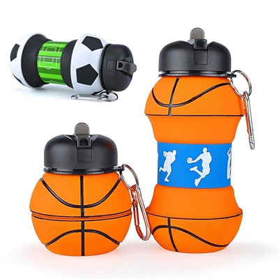 Foldable Sports Ball Bottle. Collapsible water bottles shaped like a soccer ball, football, and basketball with keychain attachments on a white background.