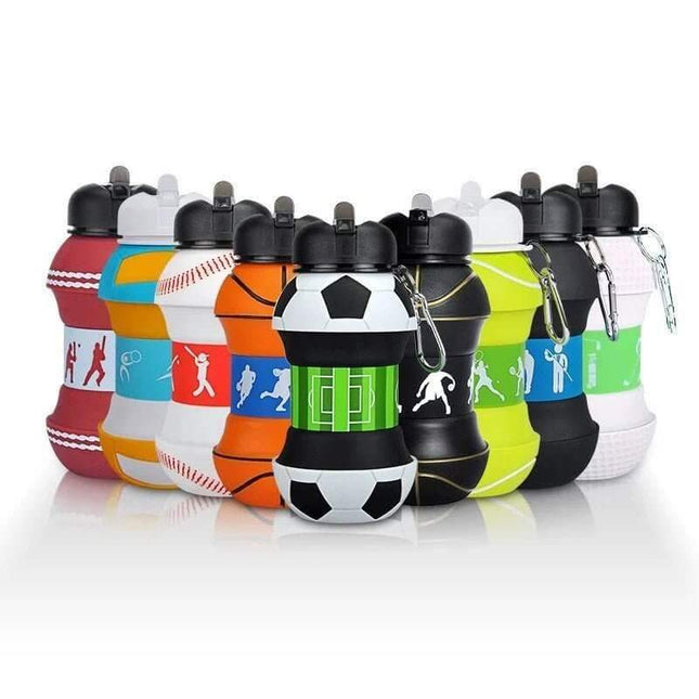 Foldable Sports Ball Bottle. Set of colorful water bottles with sports-themed designs on a white background