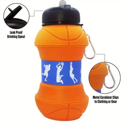Foldable Sports Ball Bottle with leak-proof drinking spout and carabiner on a white background