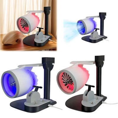 Two views of a desk lamp with red and blue light effects on a white background.