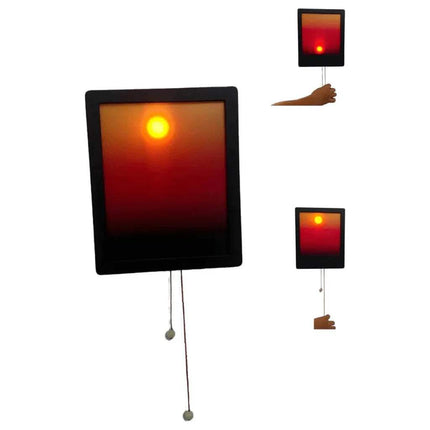Kinetic Sunrise Wall Light Adjustable Sunset Glow Lamp, showcasing a glowing sunset design with a pull cord for brightness adjustment.