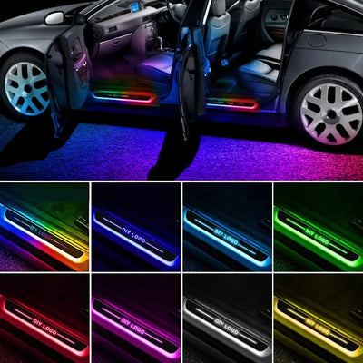 Car interior with colorful LED strip lights and close-up of LED strips in various colors.