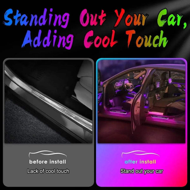 LED Car Door Light comparison showing before and after installation, highlighting cool effects and style.