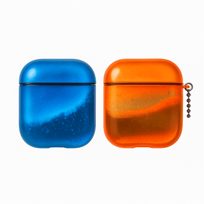 Blue and orange air pod cases on a white background