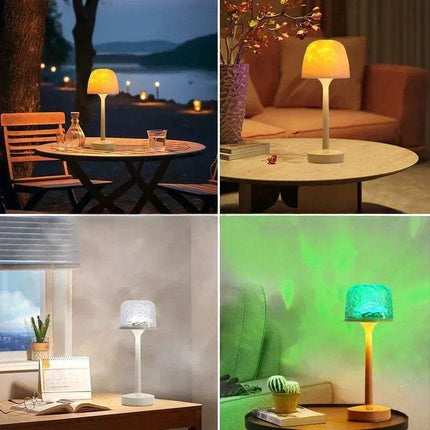 Mushroom Table Lamp with Water Ripple Projection shown in different settings, creating a calming ambiance.