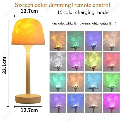 Mushroom Table Lamp with Water Ripple Projection showcasing 16 color options and remote control features.