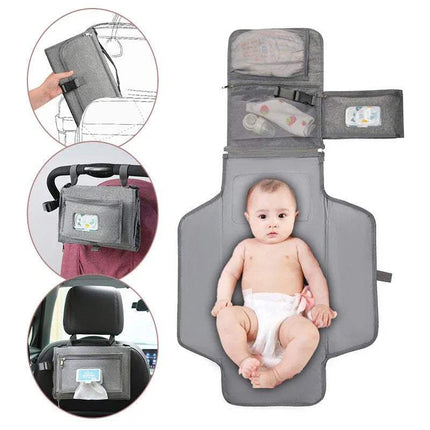 Portable Baby Changing Pad Foldable Waterproof Diaper Mat for Travel with a baby sitting on it, shown in various positions including on a car seat.