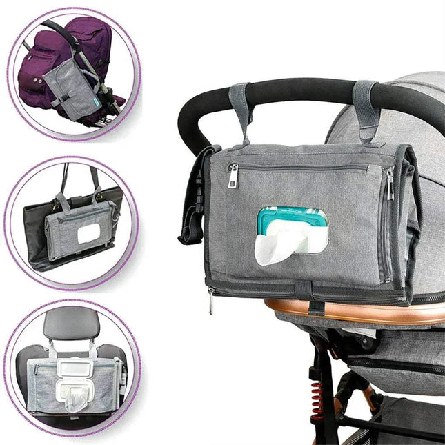 Gray Portable Baby Changing Pad Foldable Waterproof Diaper Mat for Travel with pockets and a wipe container attached to a stroller, with close-up insets showing its use on a car seat and another stroller.
