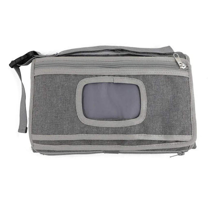 Gray Portable Baby Changing Pad Foldable Waterproof Diaper Mat for Travel bag with a clear window on a white background