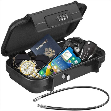 Portable Safe Lockbox containing valuables like passport, phone, and watch, ideal for travel and outdoor security.