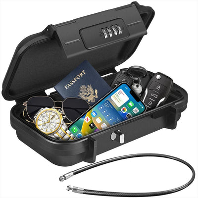 Black security lock box with items like a phone, passport, keys, and watch inside on a white background