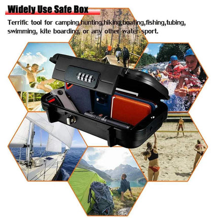 Portable Safe Lockbox for travel, gym, and outdoor security with multiple activities showcased.