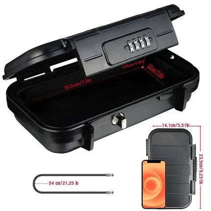 Portable Safe Lockbox for travel with combination lock, durable design, and interior dimensions displayed.