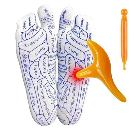 Reflexology Socks Set for Acupressure & Foot Massage with pressure point maps and massage tool.