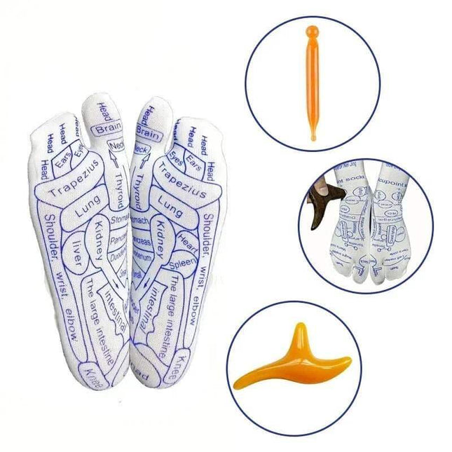 Reflexology Socks Set showcasing pressure points for foot massage and acupressure therapy.