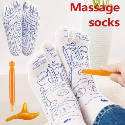 Reflexology Socks Set for acupressure featuring printed reflexology maps and massage tools for wellness.